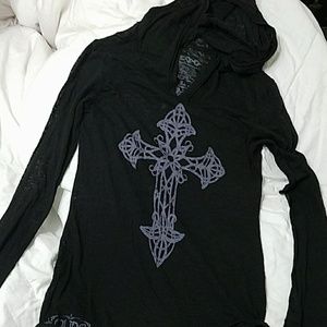 Hooded black burn-out pullover with cross by CADE